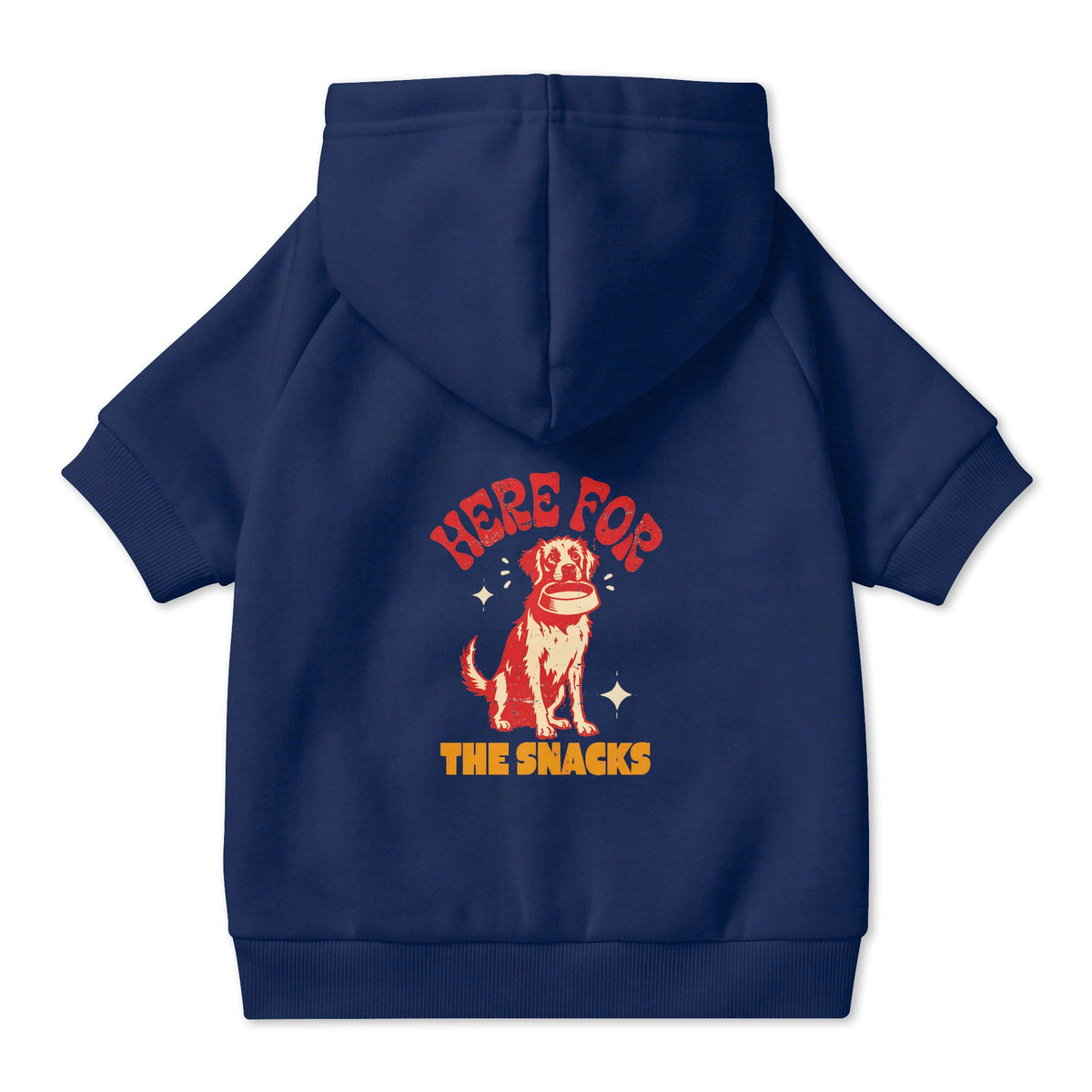 Here for the Snacks Dog Hoodie in Navy, back view — SniffWaggleNWalk™