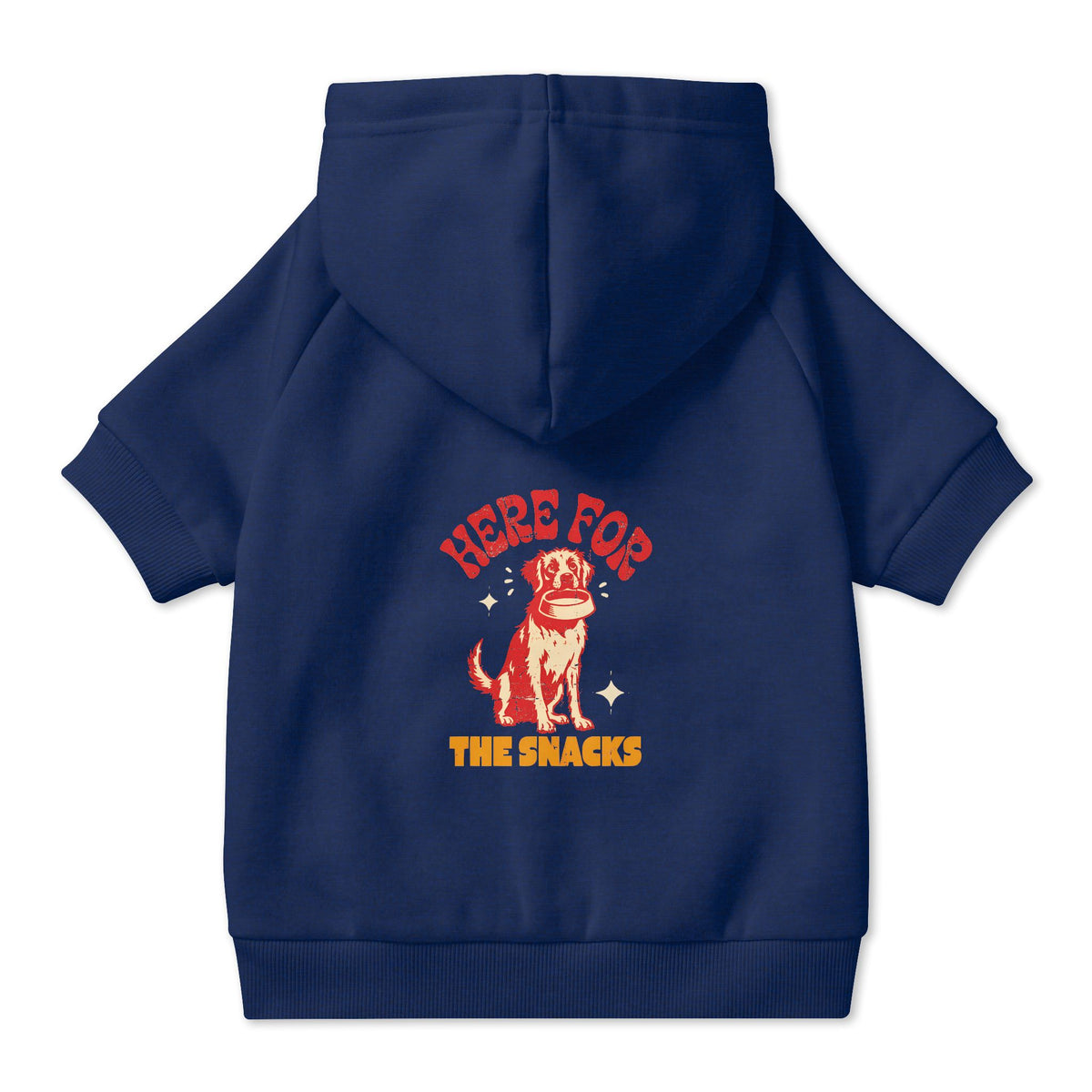 Here for the Snacks Dog Hoodie in Navy, back view — SniffWaggleNWalk™
