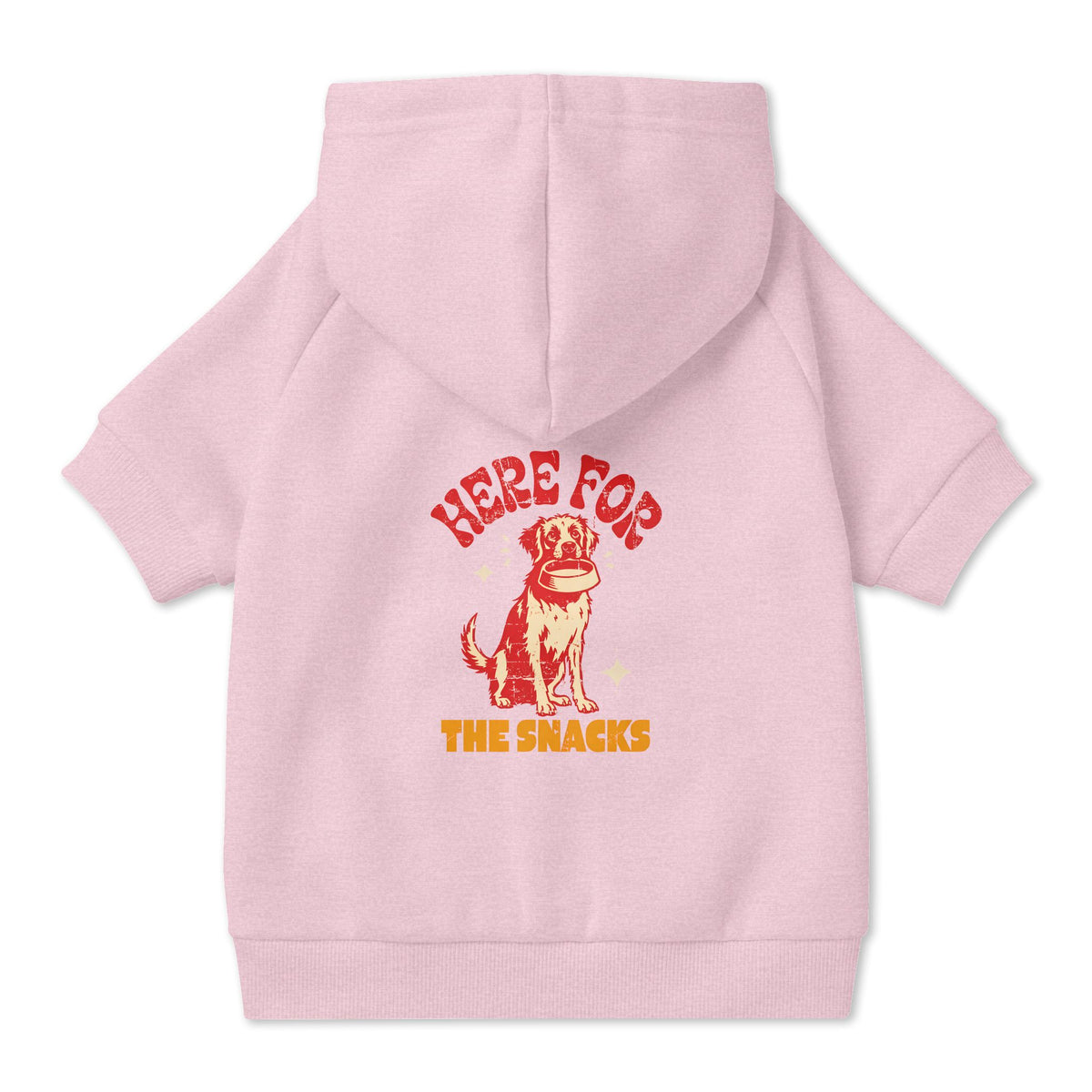 Here for the Snacks Dog Hoodie in Pink, back view — SniffWaggleNWalk™