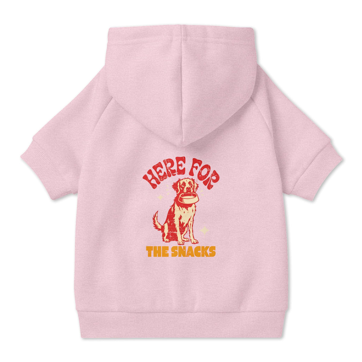 Here for the Snacks Dog Hoodie in Pink, back view — SniffWaggleNWalk™
