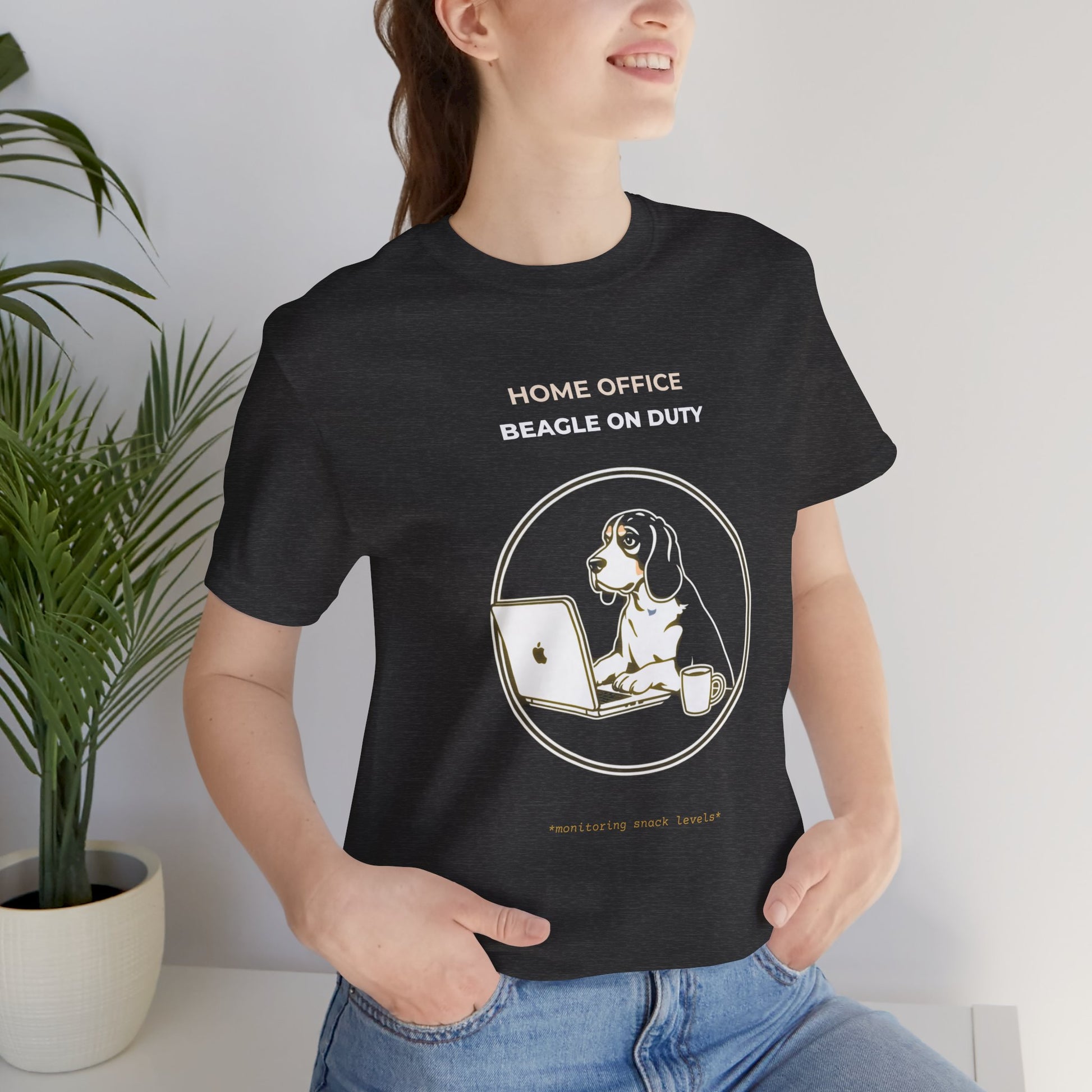 Home Office Beagle On Duty t-shirt — funny work from home dog tee on Bella+Canvas 3001, view 3