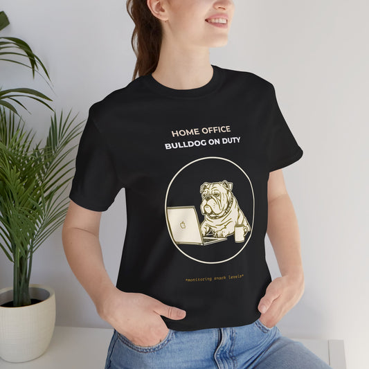 Home Office Bulldog On Duty t-shirt — funny work from home dog tee on Bella+Canvas 3001, view 1