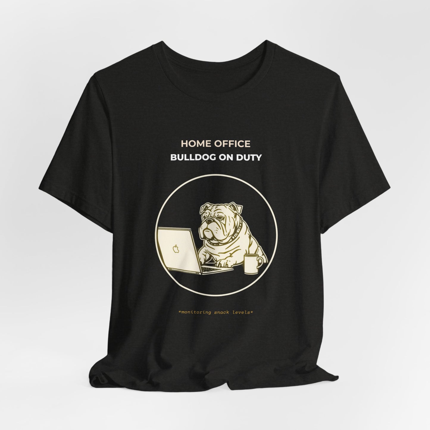 Home Office Bulldog On Duty t-shirt — funny work from home dog tee on Bella+Canvas 3001, view 15