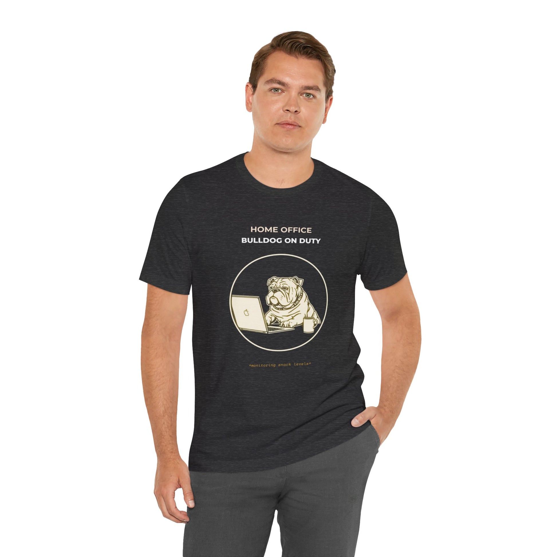 Home Office Bulldog On Duty t-shirt — funny work from home dog tee on Bella+Canvas 3001, view 17