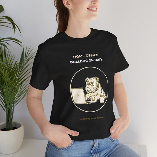 Home Office Bulldog On Duty t-shirt — funny work from home dog tee on Bella+Canvas 3001, view 2