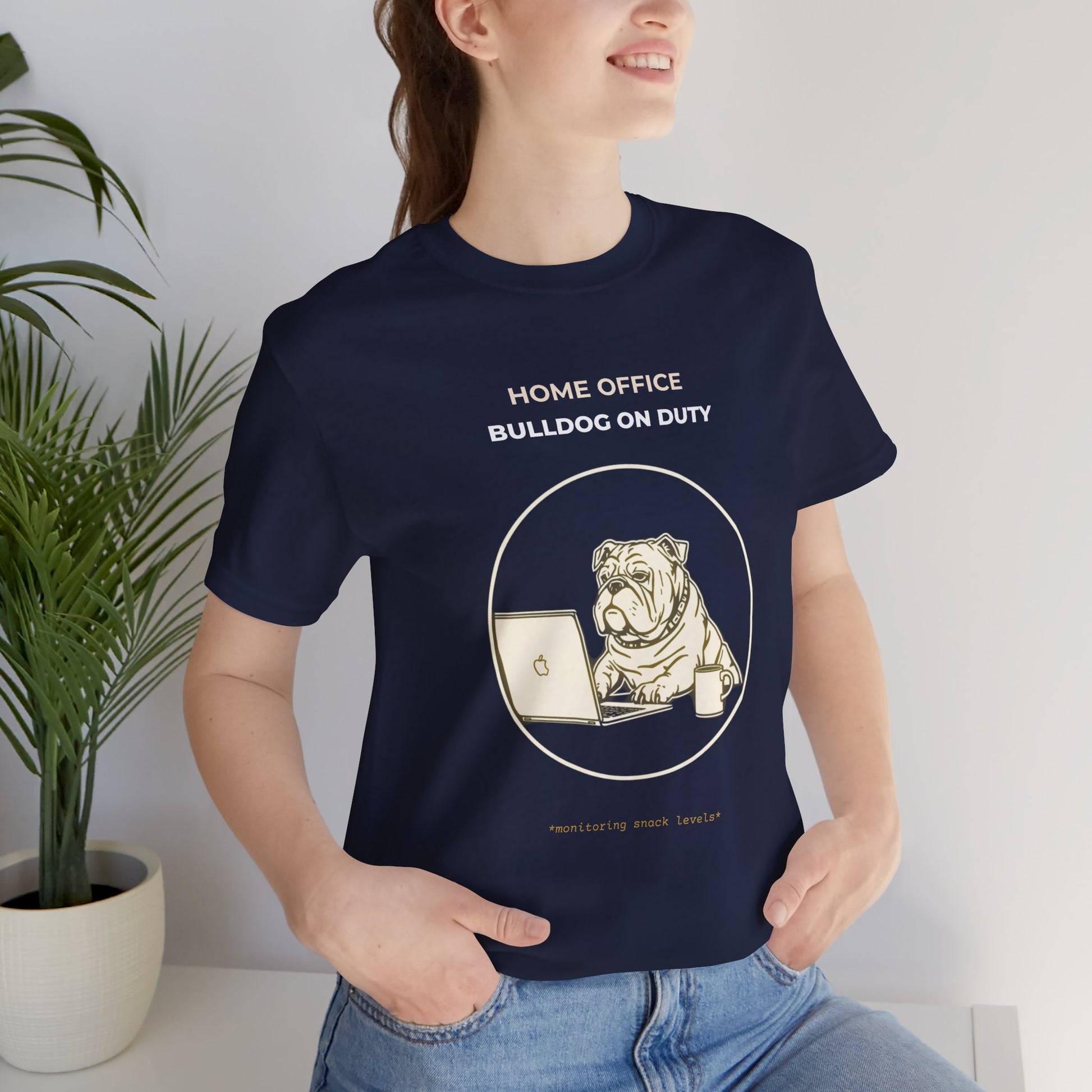 Home Office Bulldog On Duty t-shirt — funny work from home dog tee on Bella+Canvas 3001, view 4
