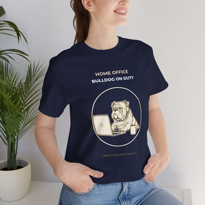 Home Office Bulldog On Duty t-shirt — funny work from home dog tee on Bella+Canvas 3001, view 4