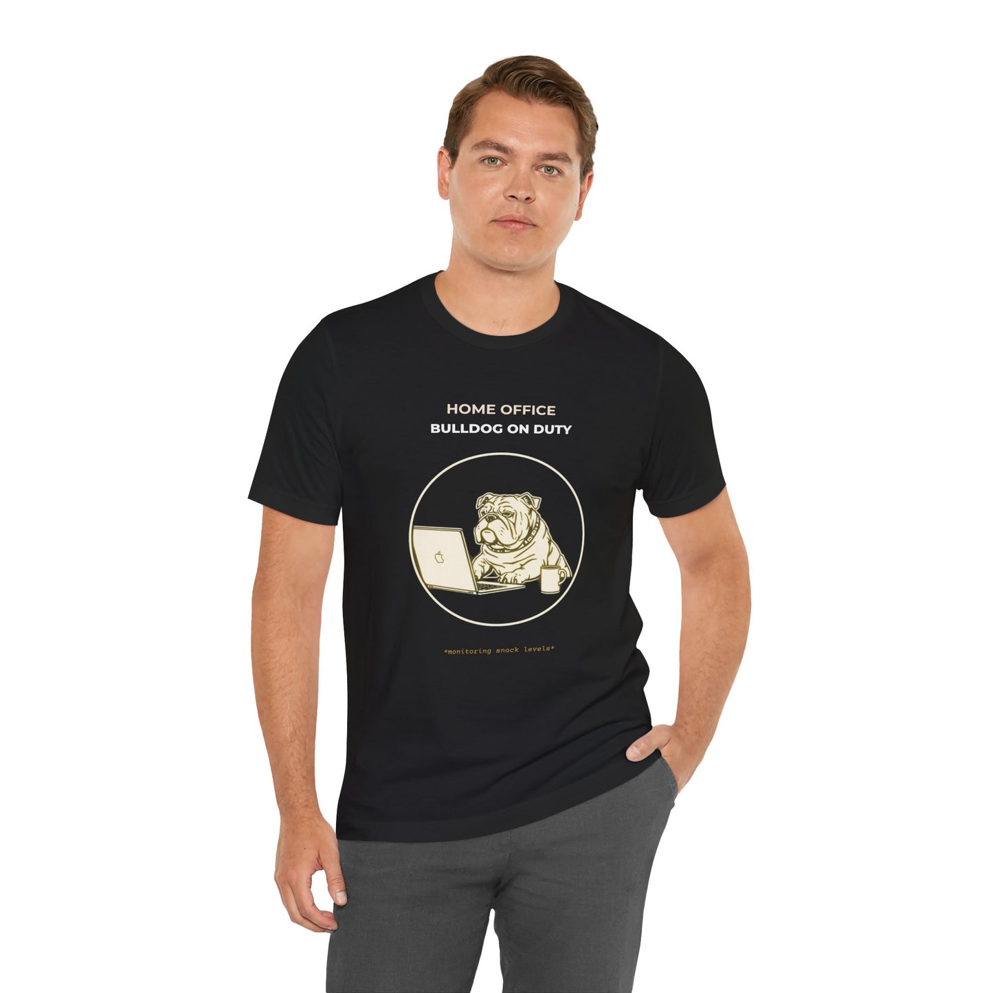 Home Office Bulldog On Duty t-shirt — funny work from home dog tee on Bella+Canvas 3001, view 5