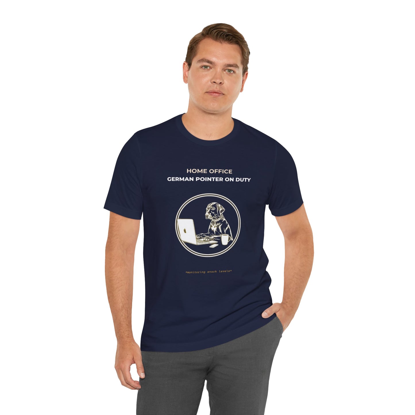 Home Office German Pointer On Duty t-shirt — funny work from home dog tee on Bella+Canvas 3001, view 23