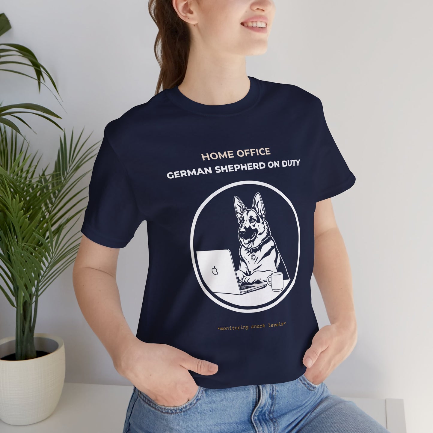 Home Office German Shepherd On Duty t-shirt — funny work from home dog tee on Bella+Canvas 3001, view 4