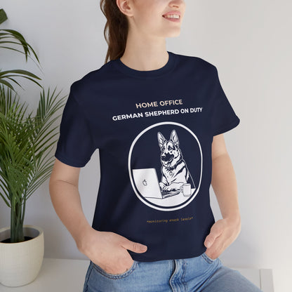 Home Office German Shepherd On Duty t-shirt — funny work from home dog tee on Bella+Canvas 3001, view 4