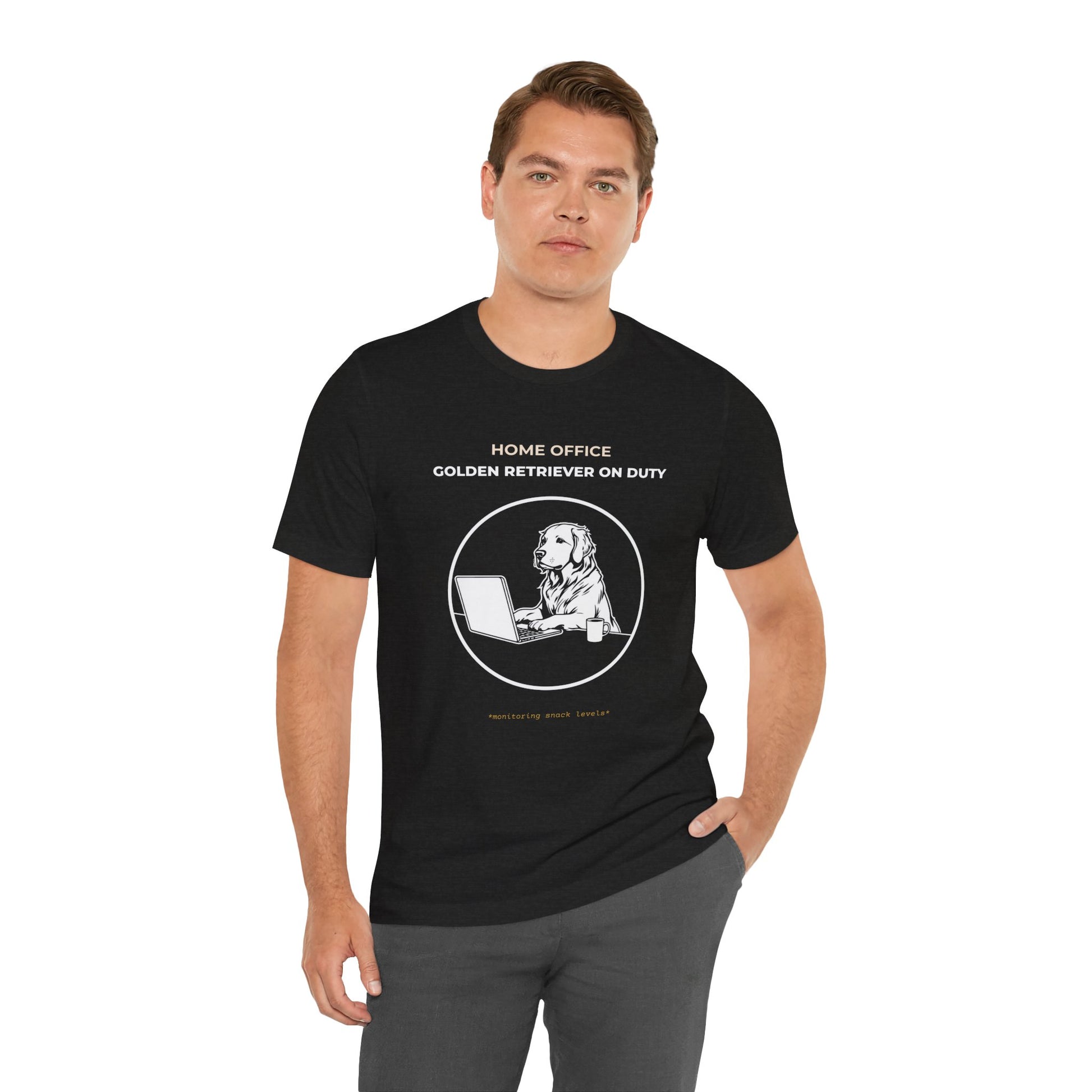 Home Office Golden Retriever On Duty t-shirt — funny work from home dog tee on Bella+Canvas 3001, view 11