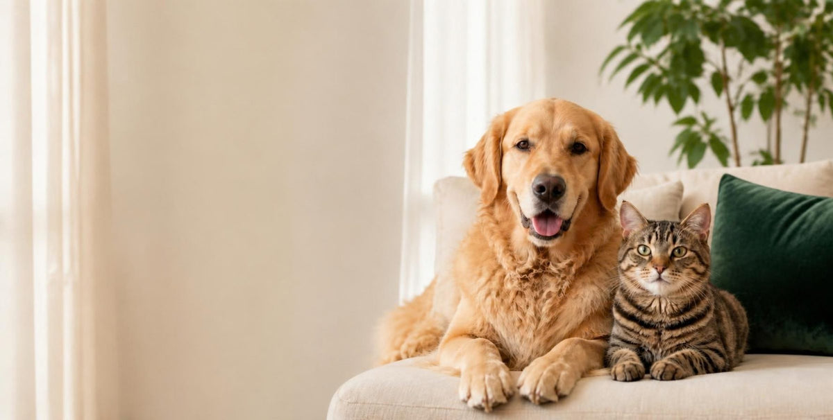 Golden retriever and tabby cat sitting together on a cream sofa beside a green velvet cushion and a houseplant