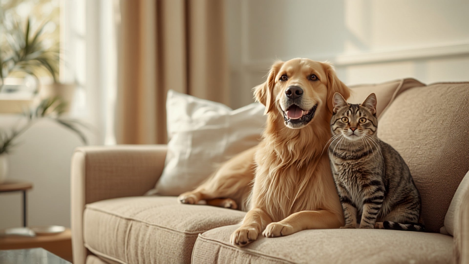 Golden retriever and tabby cat relaxing together on a cream sofa