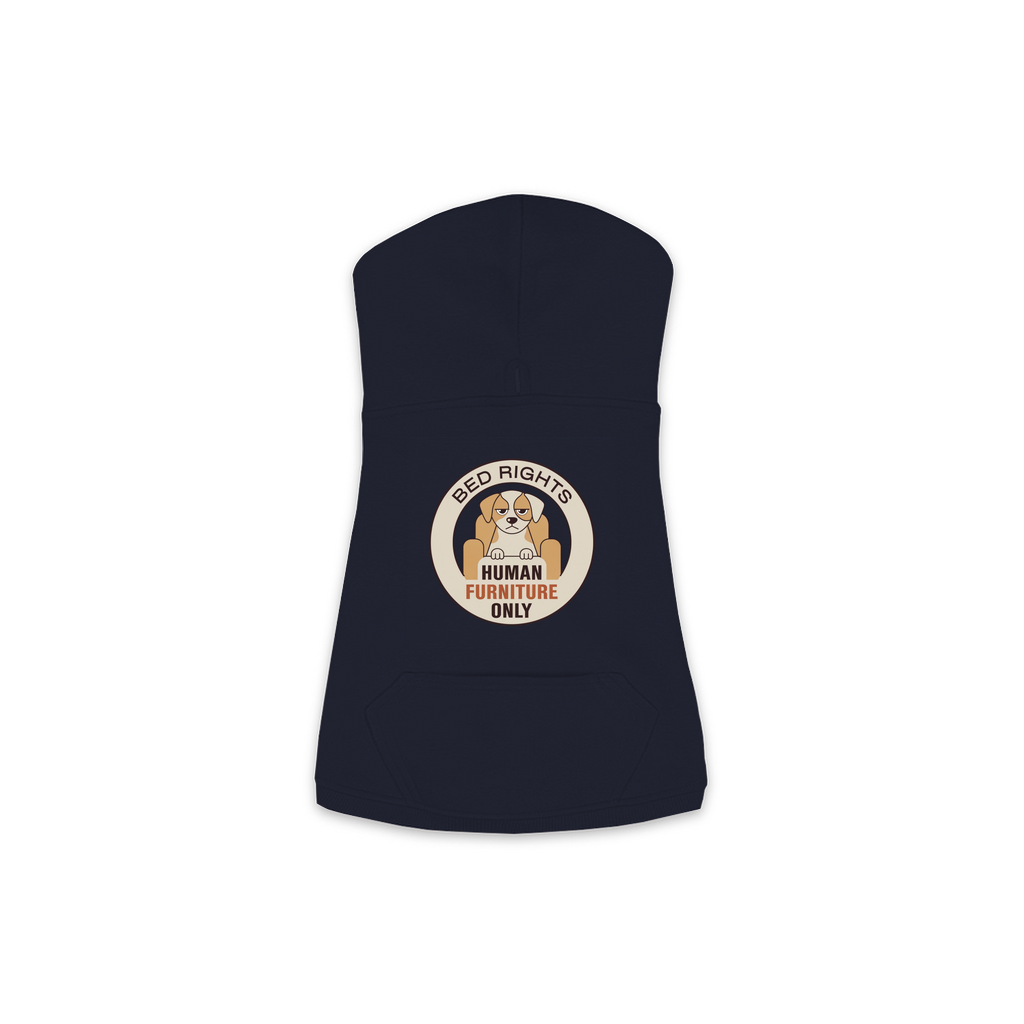 Human Furniture Only dog hoodie in navy, sizes XS to M
