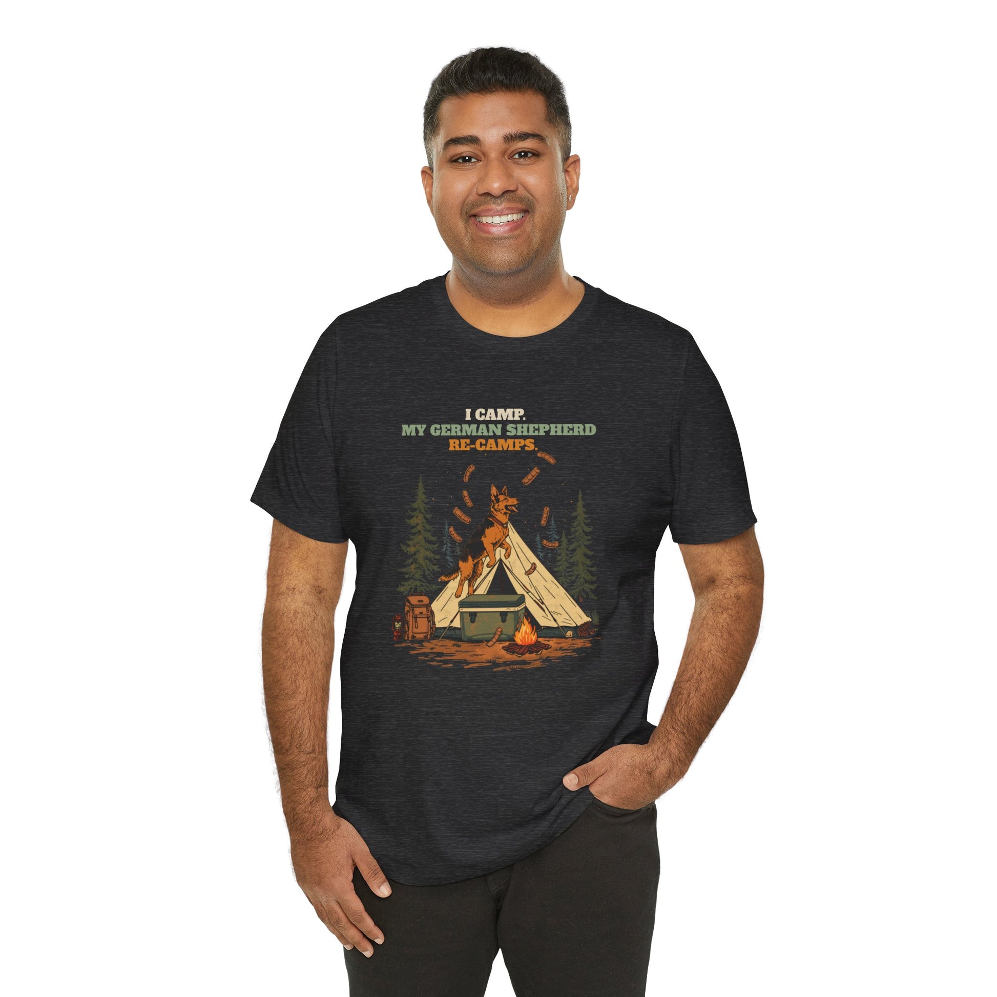 I Camp. My German Shepherd Re-Camps. t-shirt close-up print detail