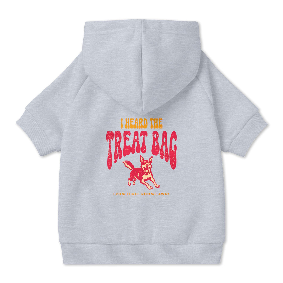 I Heard the Treat Bag Dog Hoodie in Grey, back view — SniffWaggleNWalk™