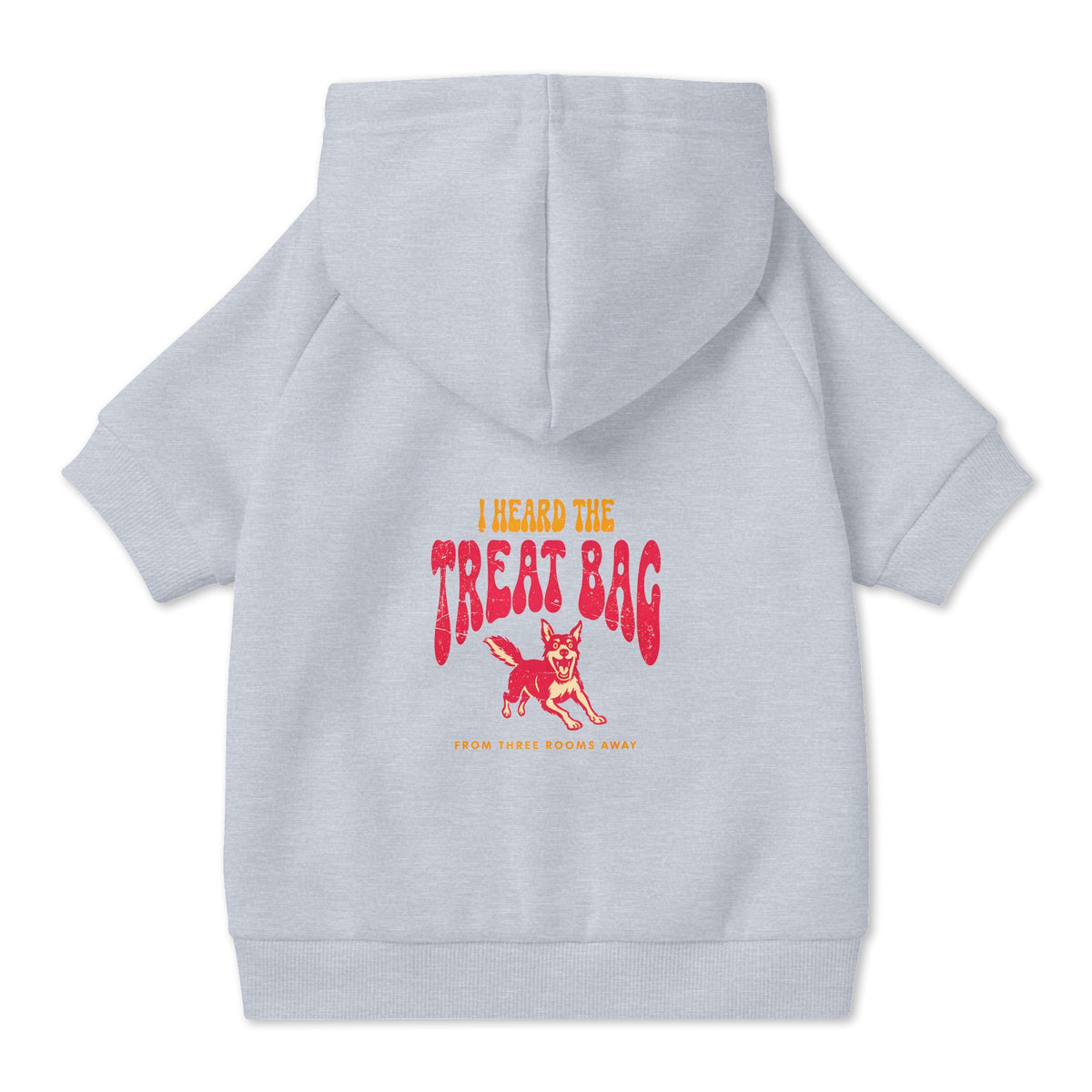 I Heard the Treat Bag Dog Hoodie in Grey, back view — SniffWaggleNWalk™