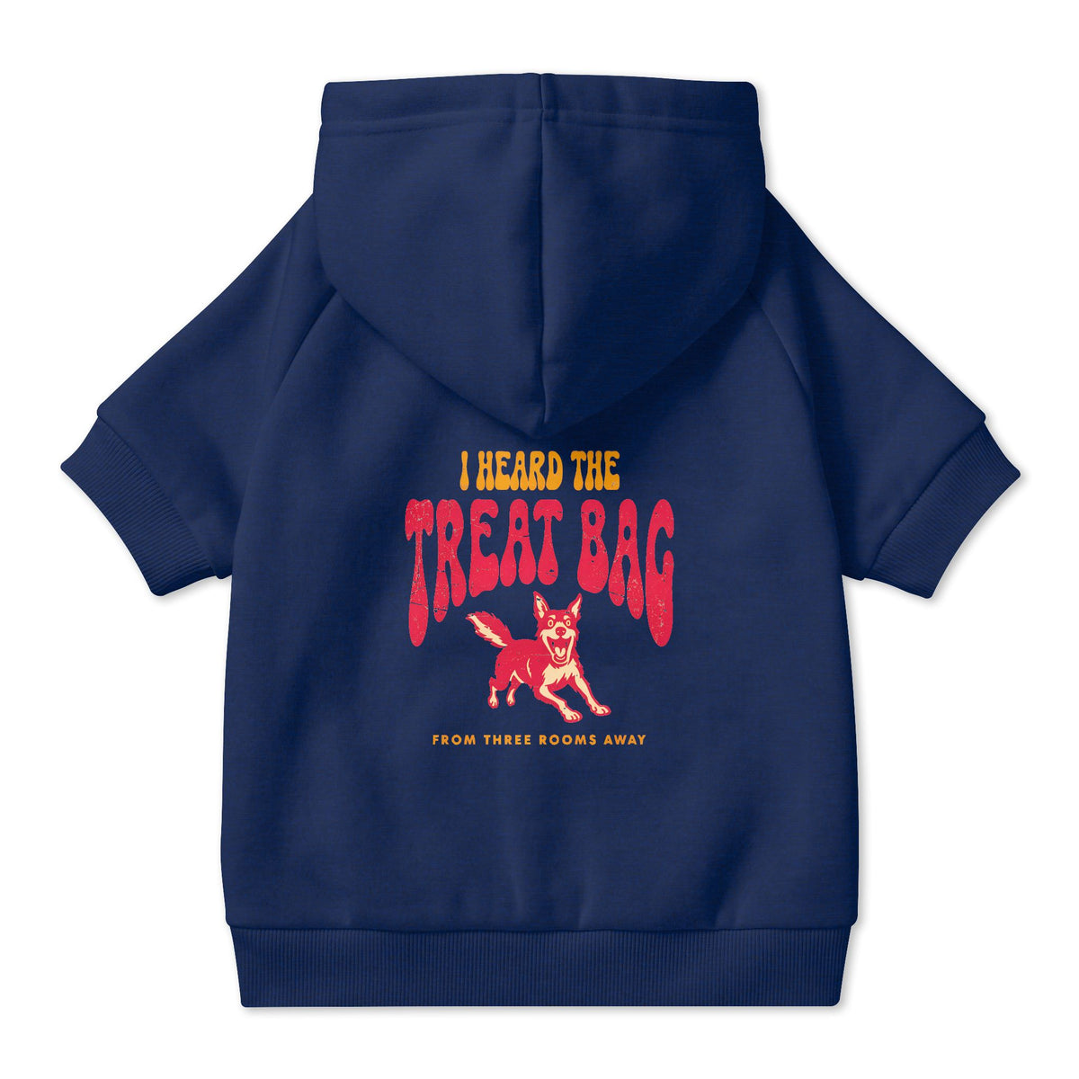I Heard the Treat Bag Dog Hoodie in Navy, back view — SniffWaggleNWalk™