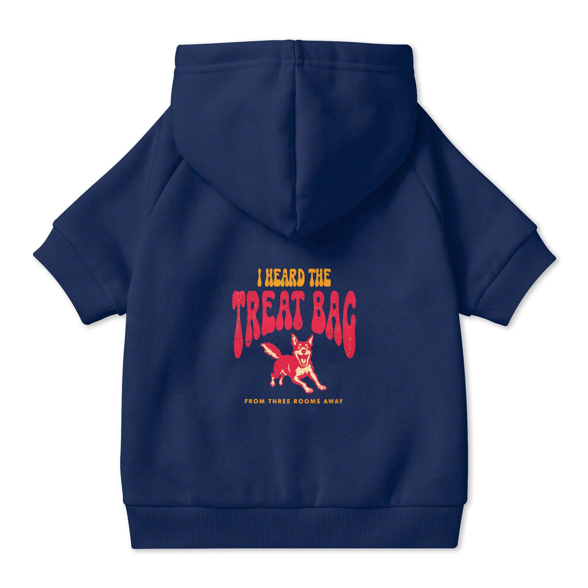 I Heard the Treat Bag Dog Hoodie in Navy, back view — SniffWaggleNWalk™