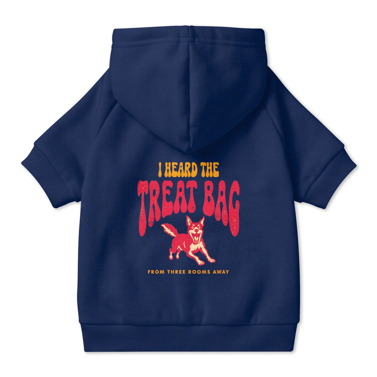 I Heard the Treat Bag Dog Hoodie in Navy, back view — SniffWaggleNWalk™