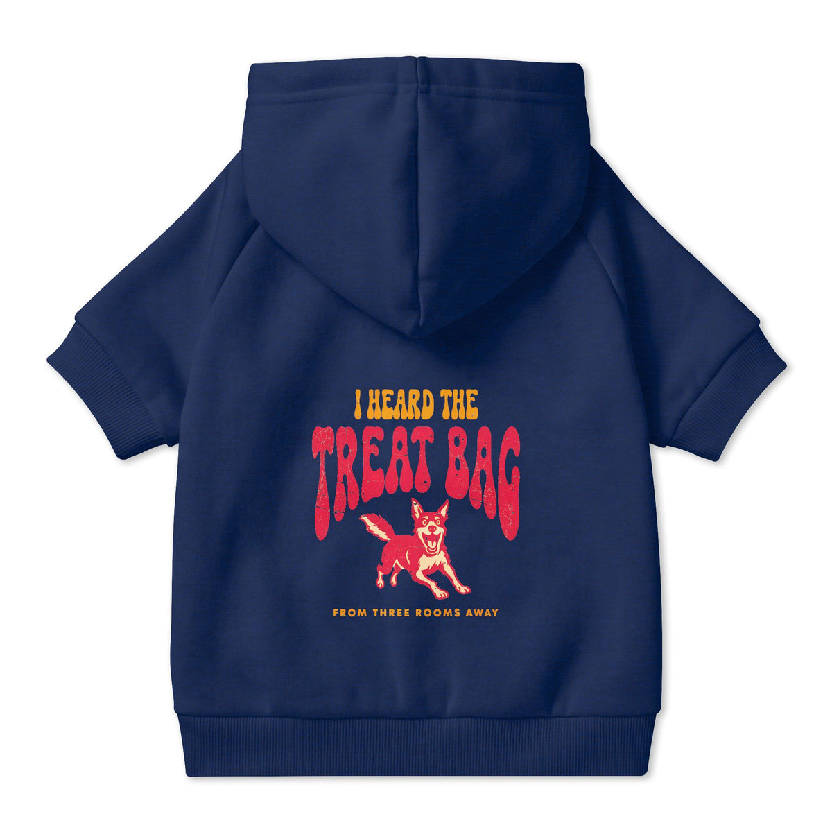 I Heard the Treat Bag Dog Hoodie in Navy, back view — SniffWaggleNWalk™