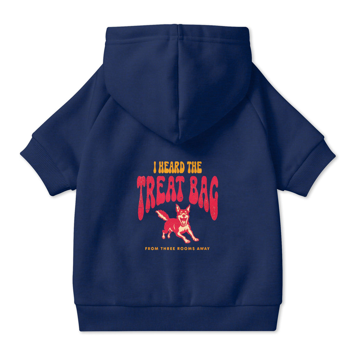 I Heard the Treat Bag Dog Hoodie in Navy, back view — SniffWaggleNWalk™