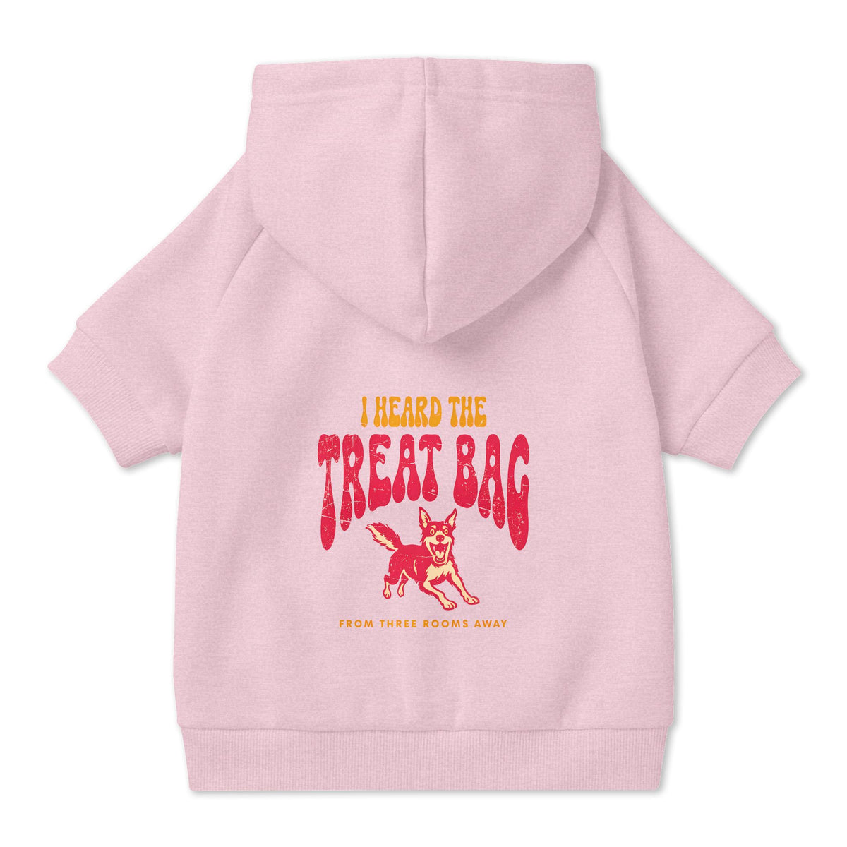 I Heard the Treat Bag Dog Hoodie in Pink, back view — SniffWaggleNWalk™