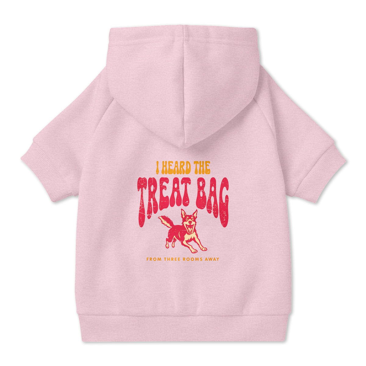 I Heard the Treat Bag Dog Hoodie in Pink, back view — SniffWaggleNWalk™