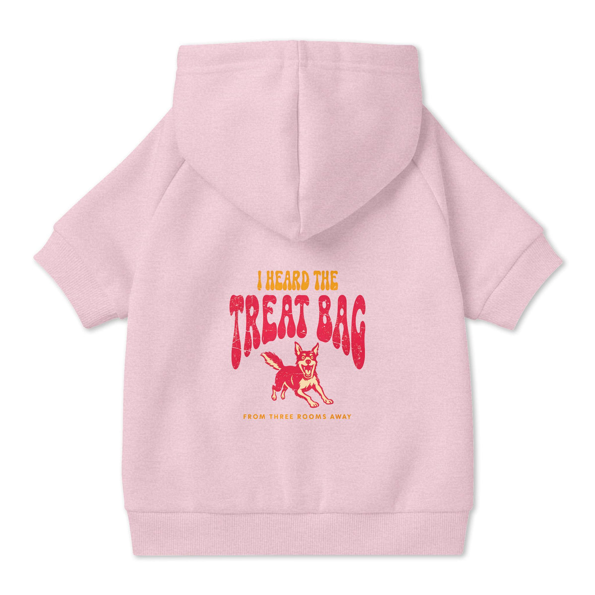 I Heard the Treat Bag Dog Hoodie in Pink, back view — SniffWaggleNWalk™