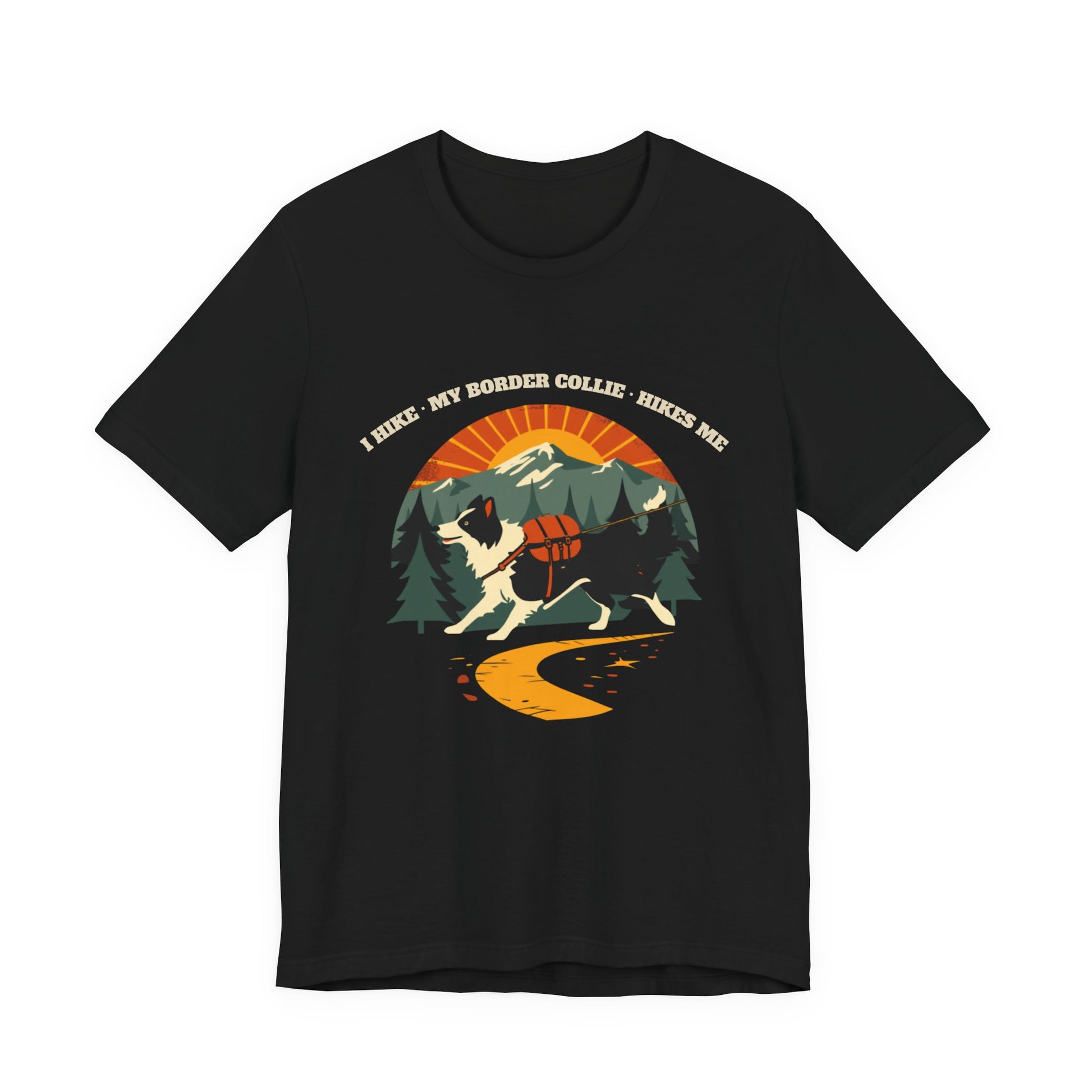 Close-up of the I Hike My Border Collie Hikes Me print on a black tee