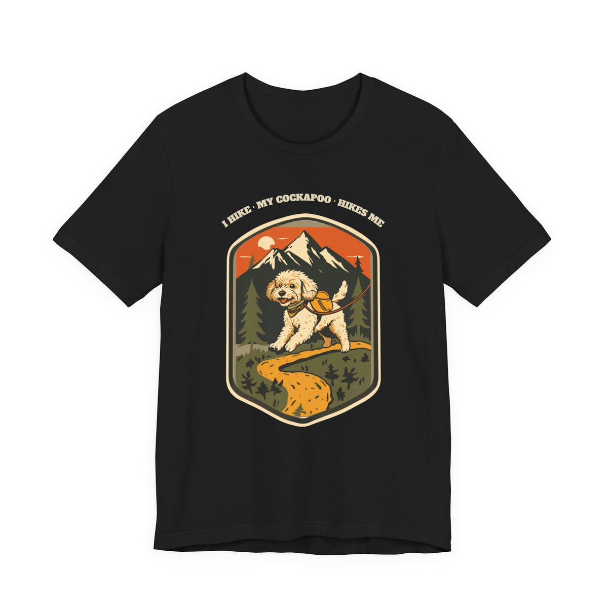 Close-up of the I Hike My Cockapoo Hikes Me print on a black tee