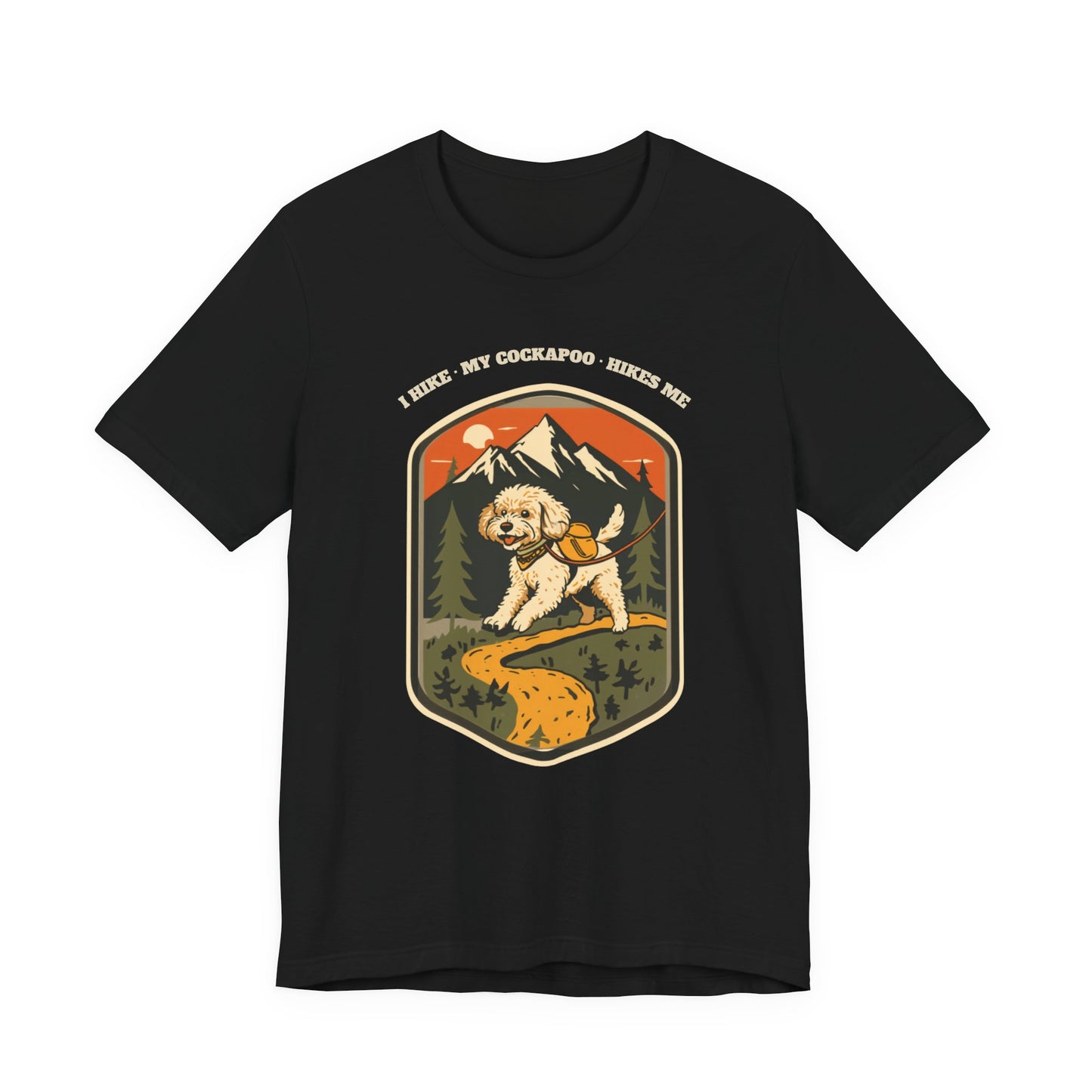 Close-up of the I Hike My Cockapoo Hikes Me print on a black tee