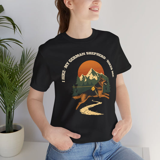 I Hike My German Shepherd Hikes Me black funny hiking dog t-shirt, front view