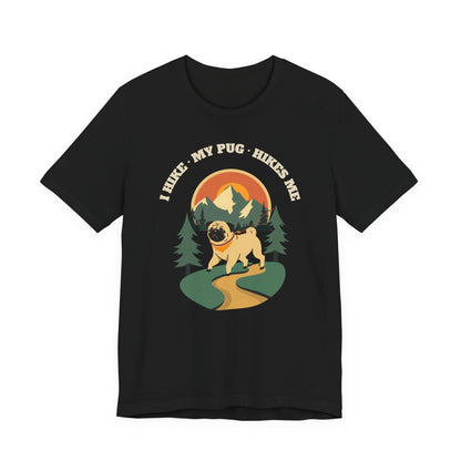 Close-up of the I Hike My Pug Hikes Me print on a black tee