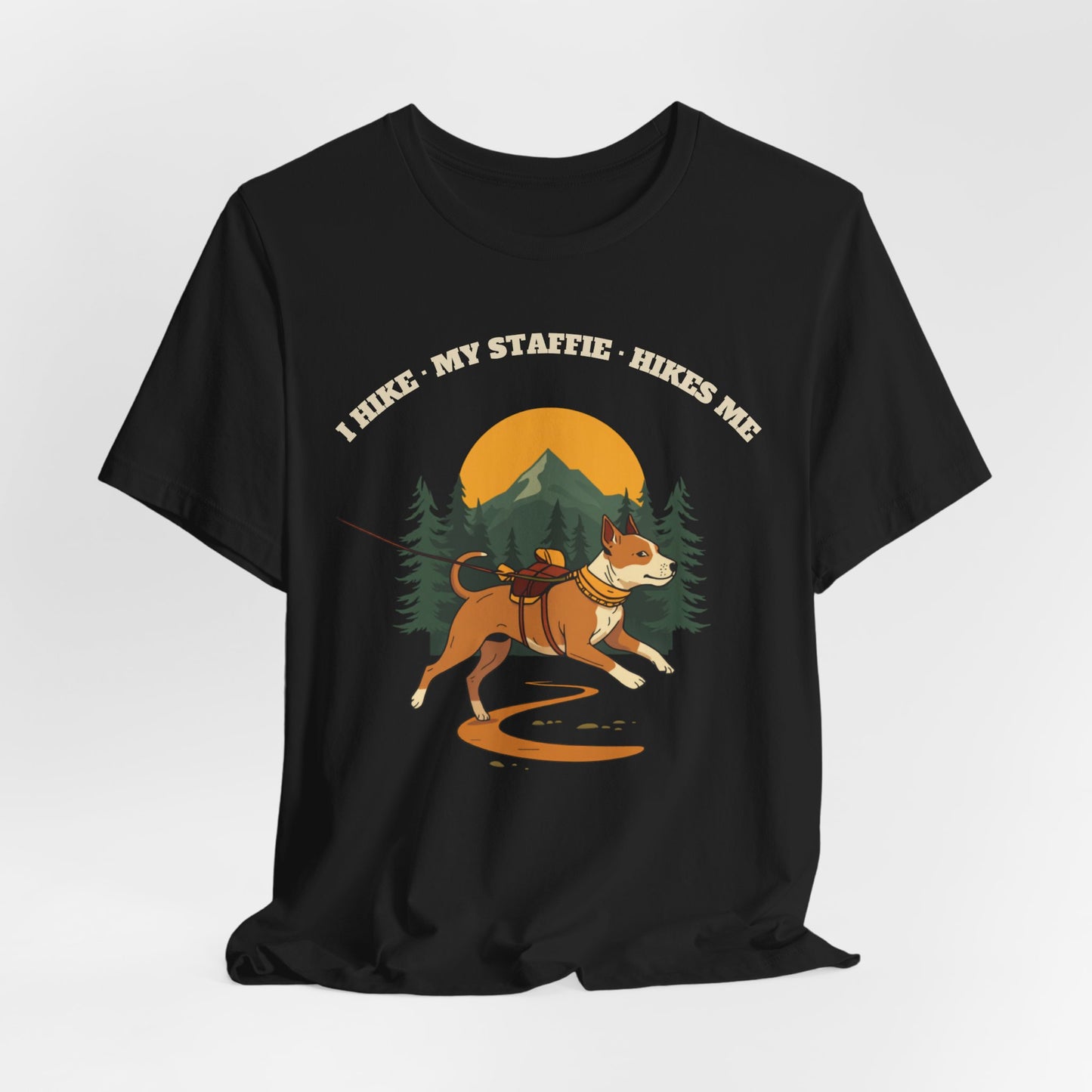 I Hike. My Staffie Hikes Me. t-shirt Black Heather colour option