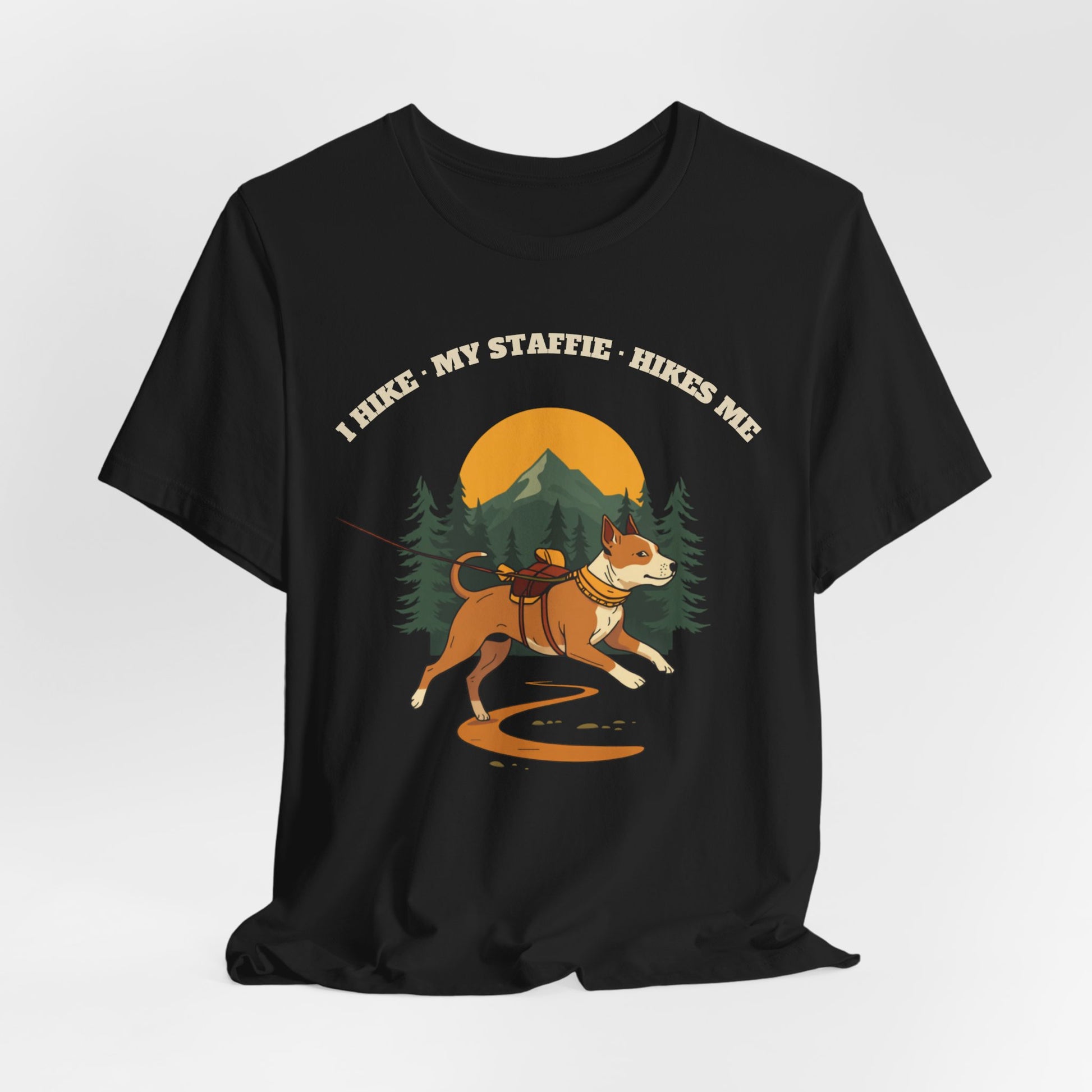 I Hike. My Staffie Hikes Me. t-shirt Black Heather colour option