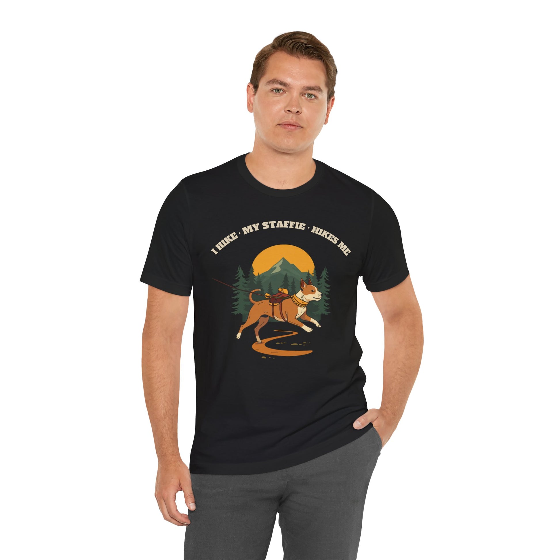 I Hike. My Staffie Hikes Me. hiking dog t-shirt worn by a woman on the trail