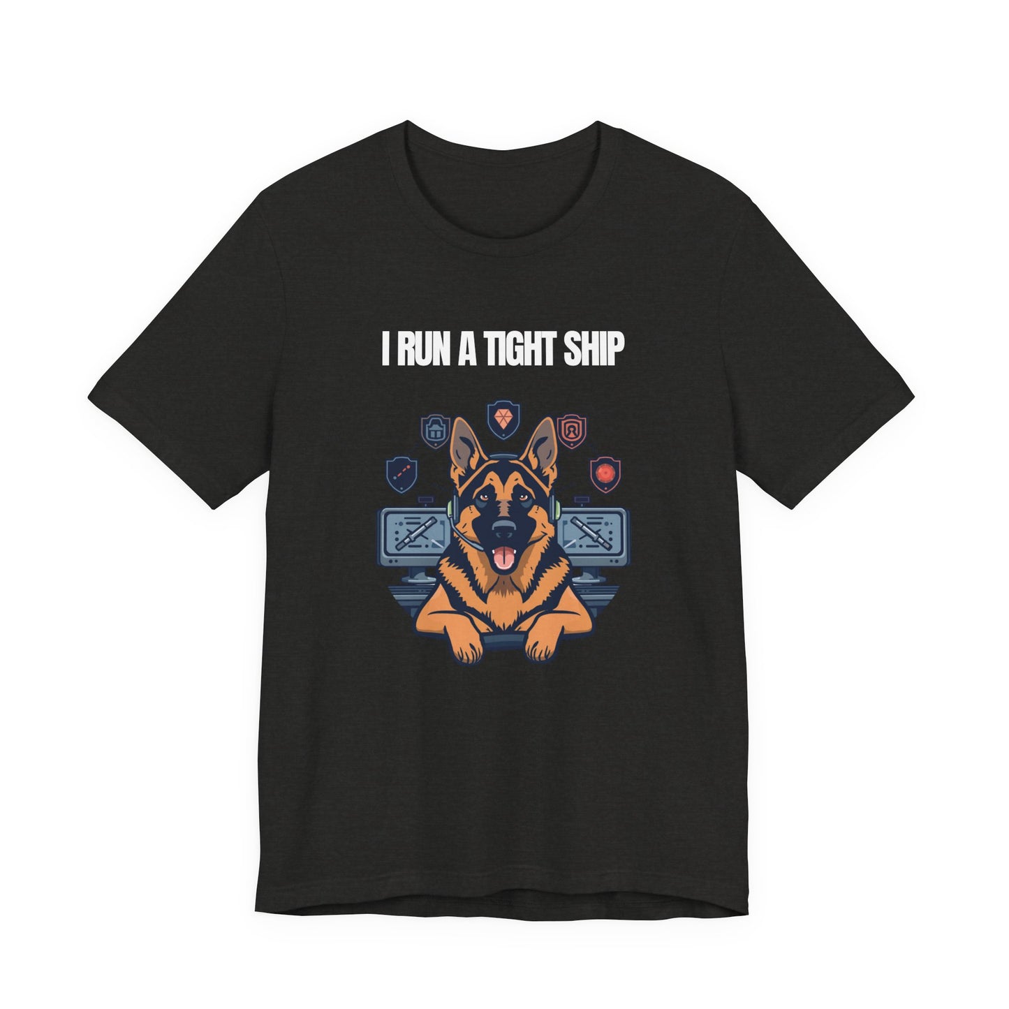 I Run A Tight Ship German Shepherd t-shirt neckline and collar detail