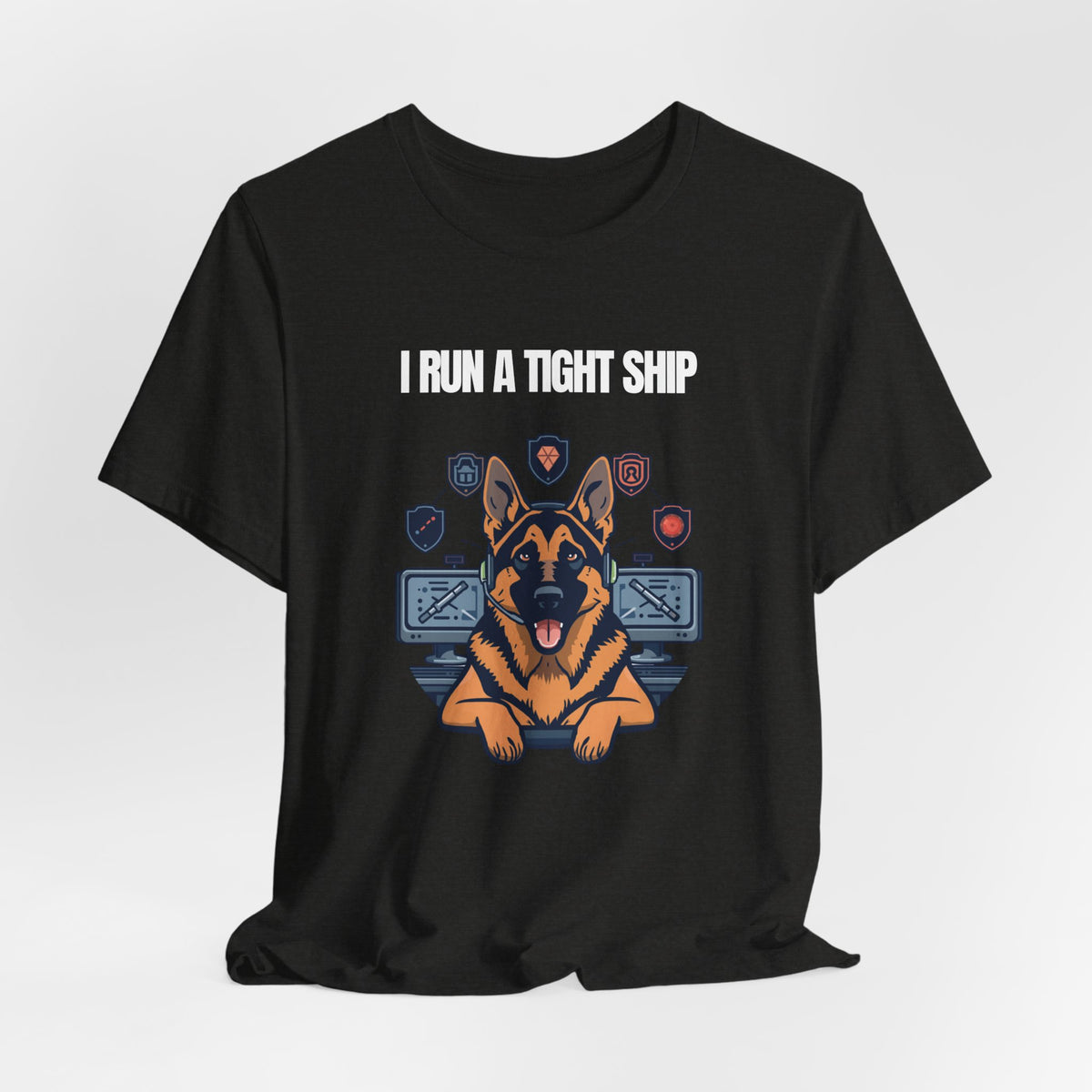 Lifestyle photo with German Shepherd dog wearing owner's matching tee