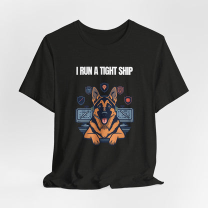 Lifestyle photo with German Shepherd dog wearing owner's matching tee