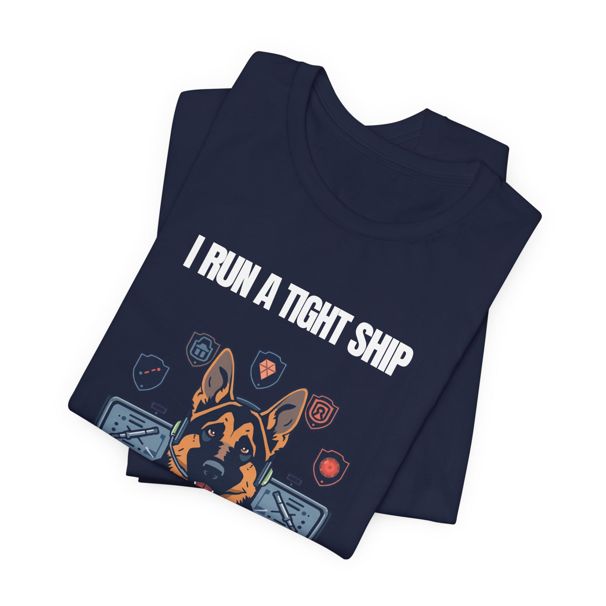 Model wearing I Run A Tight Ship German Shepherd t-shirt, pose two