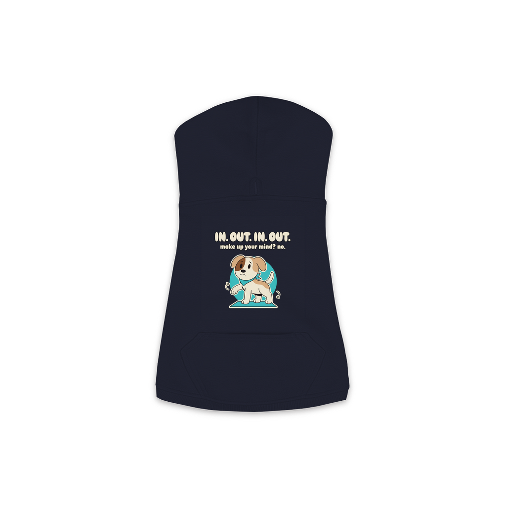 In. Out. In. Out. Dog Hoodie in Navy, sizes XS to M