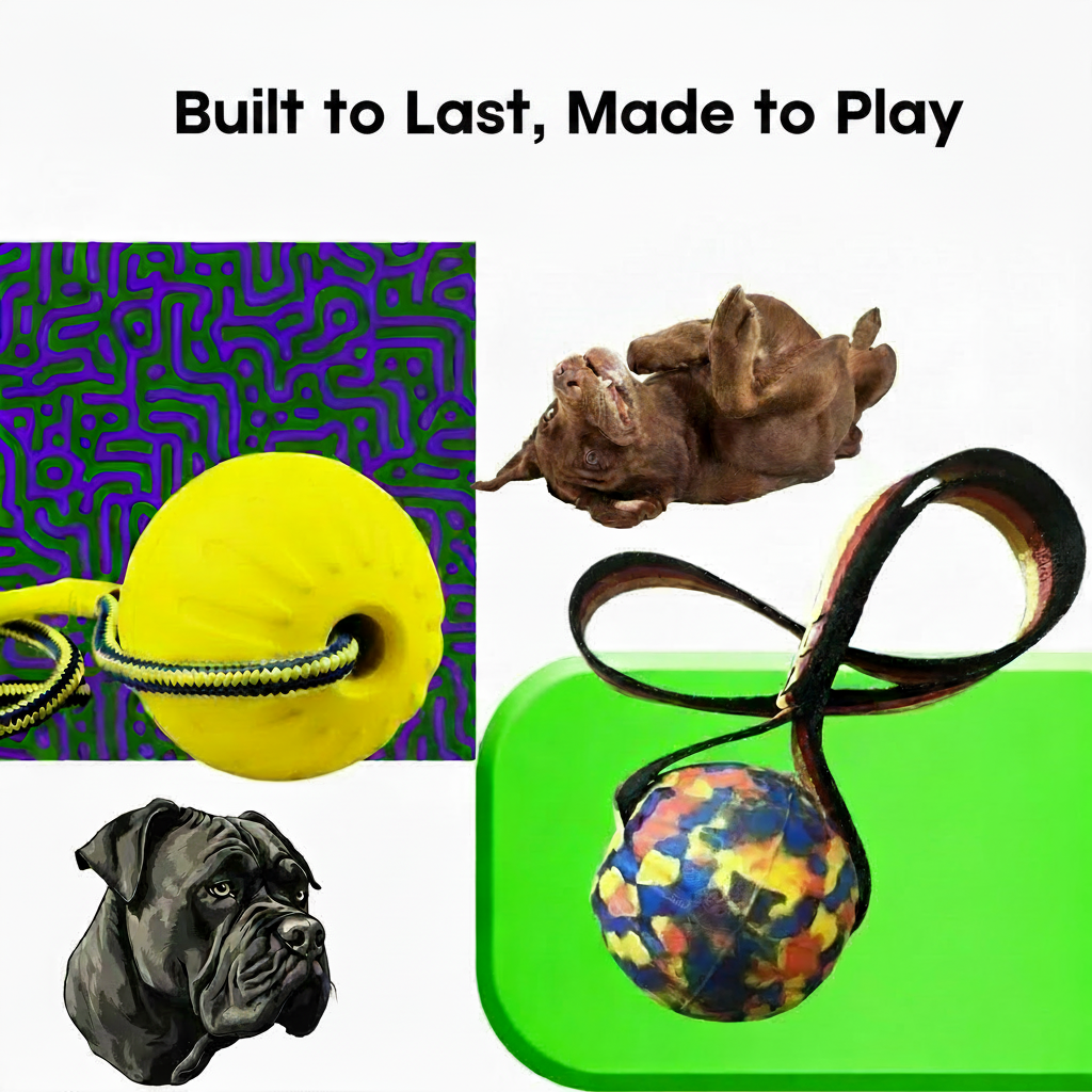 Two sizes of IndestructiFetch™ rubber ball on rope — 7cm small and 9cm large