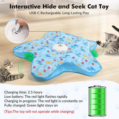 cat chasing moving feather toy hidden under fabric