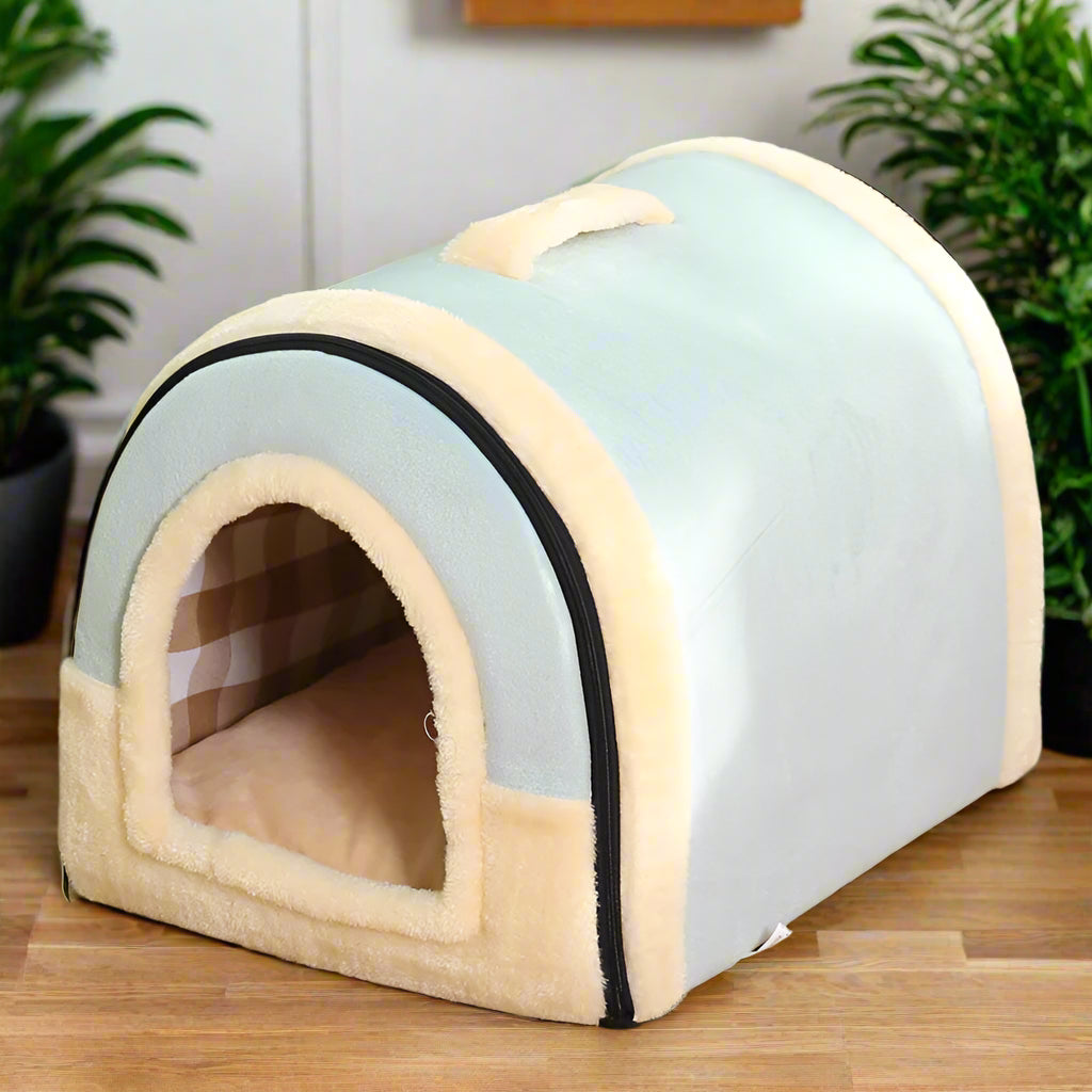 PoshPup DenHouse™ Pink Cat Love dome kennel — grey polka dot print with cat faces, sherpa lined interior