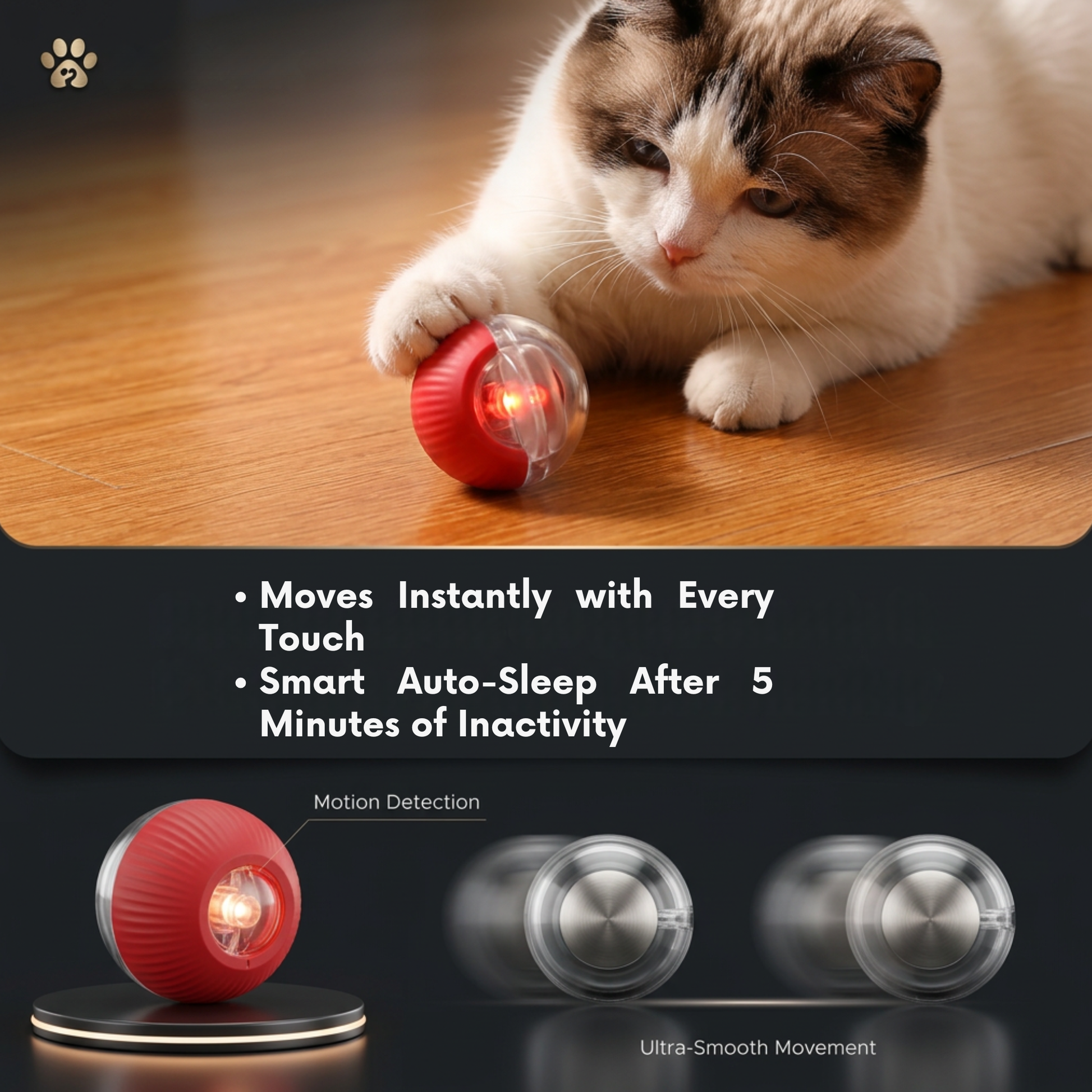 Cat playing with a red ball on a wooden floor, with product features displayed below.