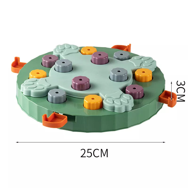 Dog puzzle feeder showing removable coloured pegs for hiding treats — PuzzleSpin™