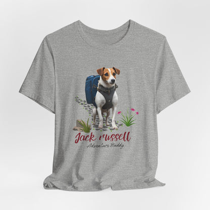 Athletic Heather Jack Russell Adventure Buddy graphic tee flat front view with hiking dog print