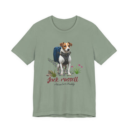 Jack Russell Adventure Buddy t-shirt in Sage green — hiking dog graphic tee, front view
